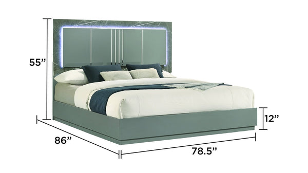 English Elm Elara Two-Tone King Bed with High-Gloss Marble & Lacquer Headboard, LED Ambient Lighting, Metal Legs B009S01565