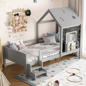 English Elm Full Bunk Bed with Trundle Bookshelf Storage Pine Frame Car Design for Kids Gray W1580S00294