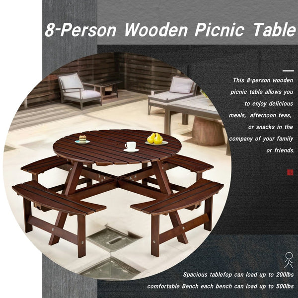 English Elm Outdoor 8-Person Round Picnic Table With Built-In Benches, Umbrella Hole & Waterproof Finish For Gardens W2275P149765-GIGA