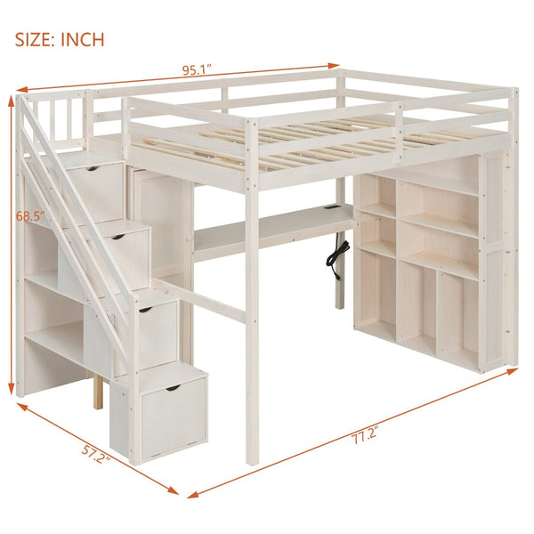 English Elm Full Loft Bed with Integrated Wardrobe Desk Shelving and Led Lighting for Teen Rooms Beige LT000927AAA