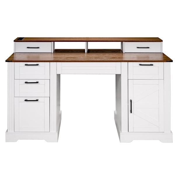 English Elm 59" Fluted Oak L-shaped Corner Desk with Charging Station Monitor Stand and File Storage White W2917S00006