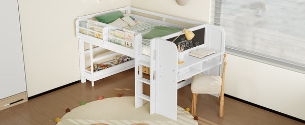 English Elm Twin Low Loft Bed Solid Pine Frame Kids Study Desk Blackboard Storage White W1580S00297