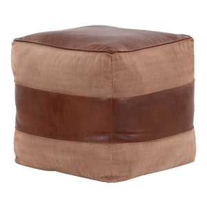 English Elm Cobbler Leather and Canvas Pouf Ottoman by LumiSource — Industrial Stitching, Recycled Cotton Fill, 20" Square Tan B202P223716