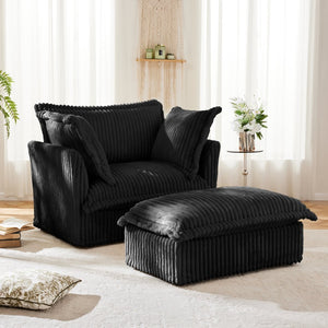 English Elm Upholstered Armchair & Wide Ottoman Set – Plush Black Corduroy, Deep Seat & Removable Covers, 2 Pieces W3041S00092-GIGA