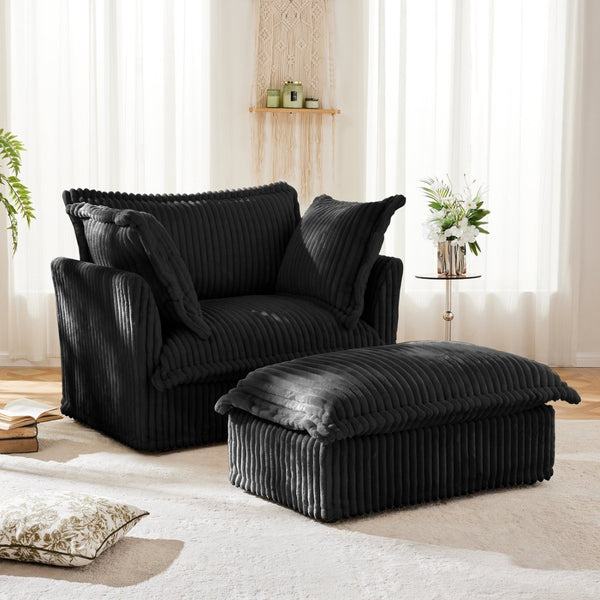 English Elm Upholstered Armchair & Wide Ottoman Set – Plush Black Corduroy, Deep Seat & Removable Covers, 2 Pieces W3041S00092-GIGA