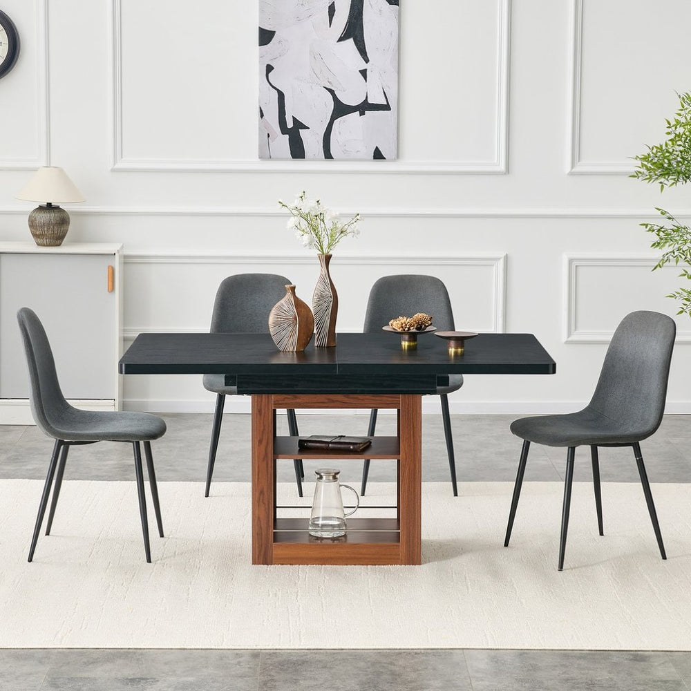 English Elm Expandable Walnut Dining Set with Four Linen Chairs Seats Six in Modern Style Dark Gray,Walnut+Black W1151S04693