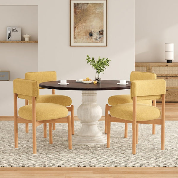 English Elm Modern Linen Upholstered Dining Chair Set Solid Wood Cross Base Removable Back Yellow T3623P466015