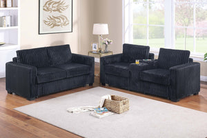 English Elm Modern Corduroy Sofa and Loveseat Set with Cup Holders Charging Station Living Room Black B011S02205