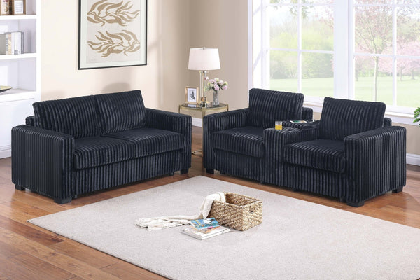 English Elm Modern Corduroy Sofa and Loveseat Set with Cup Holders Charging Station Living Room Black B011S02205