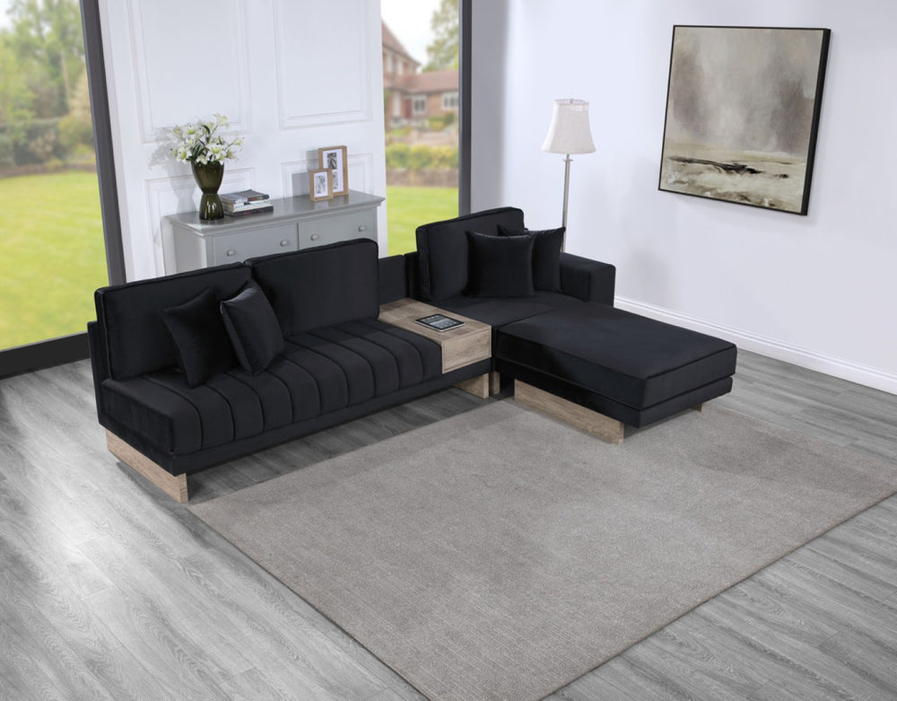 English Elm Messina Black Velvet Sectional Sofa with Channel Tufting Storage and Built-in Charging B2749S00231