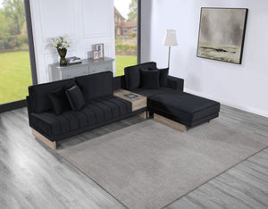 English Elm Messina Black Velvet Sectional Sofa with Channel Tufting Storage and Built-in Charging B2749S00231