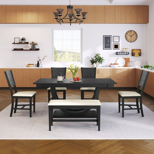 English Elm Topmax Six Piece Rubberwood Dining Set with Bench Linen Seats Sculptural Modern Style Gray N717S000029E