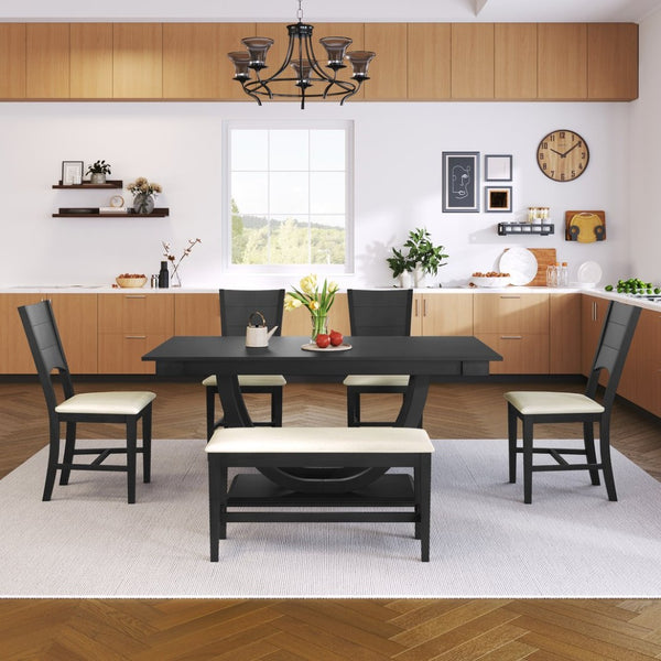 English Elm Topmax Six Piece Rubberwood Dining Set with Bench Linen Seats Sculptural Modern Style Gray N717S000029E