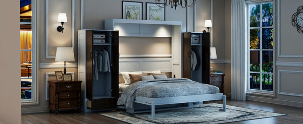 English Elm Queen Murphy Wall Bed with Fold Down Desk Dual Wardrobes and Drawers in White LP000925AAK-1