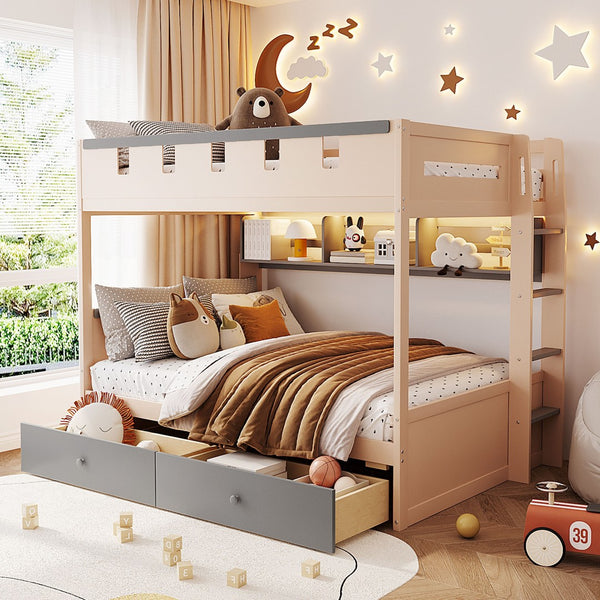 English Elm Full Size Castle Bunk Bed with Led Lighting Built in Shelf and Storage Drawers Gray LT000159AAE