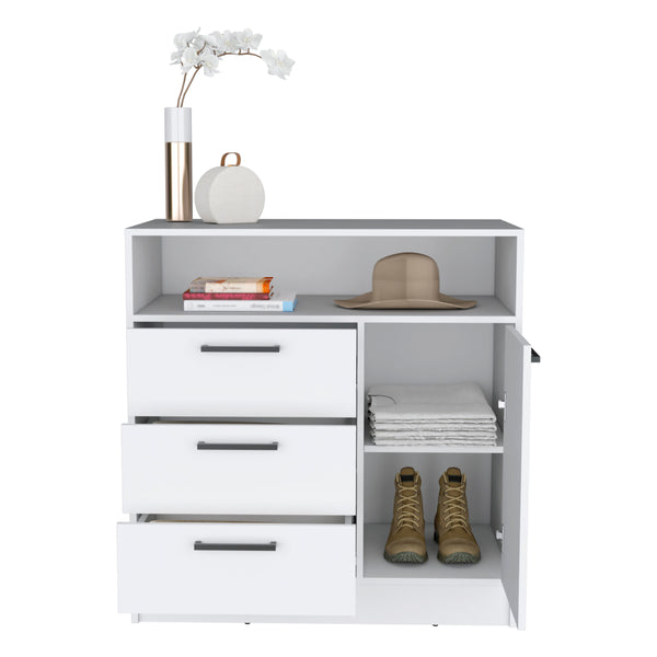 English Elm Omaha Dresser with 3 Spacious Drawers and Single Cabinet Storage, Sleek Pulls, Durable Wood Finish White 38 L x 25 W x 4 H B070S00227