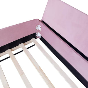 English Elm Twin Velvet Kids Daybed with Built-in Stairs Padded Guardrails and Gas Lift Storage Pink+White SF000201AAH