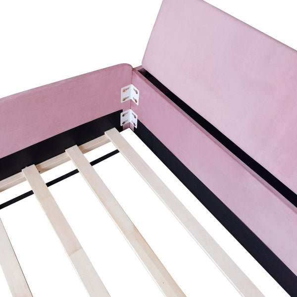 English Elm Twin Velvet Kids Daybed with Built-in Stairs Padded Guardrails and Gas Lift Storage Pink+White SF000201AAH