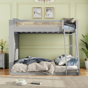 English Elm Twin Over Full Bunk Bed with Cane Guardrail Led Lighting and Built-in Bookshelf Gray LT000351AAE