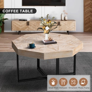English Elm Wood Octagonal Vintage Patchwork Craft Farmhouse 30-Inch Wooden Table Top with Cross Metal Legs, Stylish Living Room Centerpiece Oak Natural Wood + Antique White W1445P193126