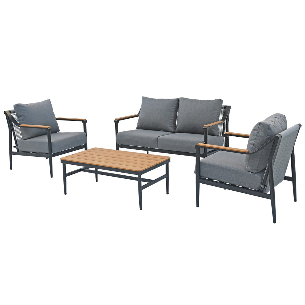 English Elm 4-piece Outdoor Aluminum Conversation Set with Thick Olefin Cushions Teak Accent Table T5880S00022