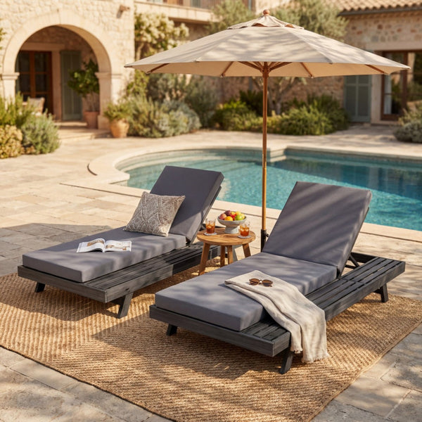 English Elm Lounge Chaise Outdoor Acacia Wood Slatted Frame with Water Resistant Cushion Resort Style Black,Dark Grey N770P442B429CUSHDGRY