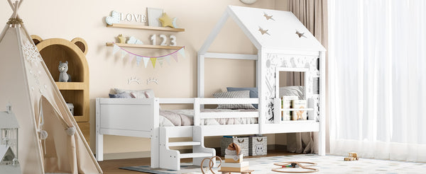 English Elm Full Bunk Bed with Trundle Bookshelf Storage Pine Frame Car Design for Kids Light White W1580S00293
