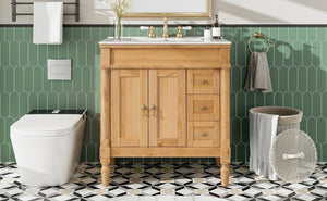 English Elm 30-inch Freestanding Bathroom Vanity Solid Wood Base Ceramic Sink Gold Hardware N729P299368N