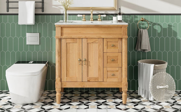 English Elm 30-inch Freestanding Bathroom Vanity Solid Wood Base Ceramic Sink Gold Hardware N729P299368N