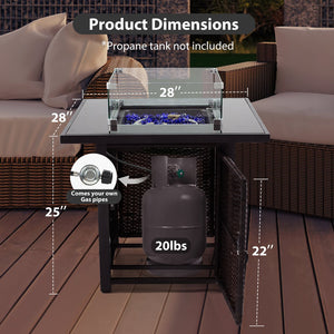 English Elm Outdoor Fire Pit 50,000 BTU Propane Gas Fire Table with Wicker Base, Glass Wind Guard, Lid, Patio Warmer Brown+Black W213P266089