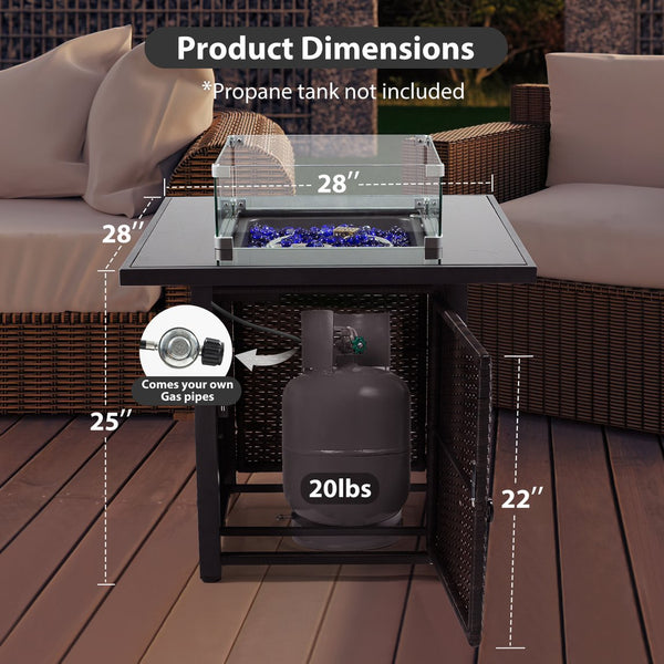 English Elm Outdoor Fire Pit 50,000 BTU Propane Gas Fire Table with Wicker Base, Glass Wind Guard, Lid, Patio Warmer Brown+Black W213P266089