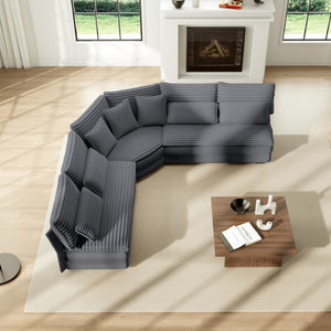 English Elm 5-seater Curved Corner Sectional Sofa Ribbed Corduroy Upholstery with Seven Accent Pillows Dark Gray W2606S00016