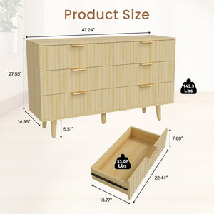 English Elm 6 Drawer Fluted Wood Dresser Natural Finish Compact Chest for Nursery or Bedroom T3773P415651