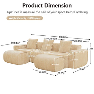 English Elm Streamlined Velvet U-shape Modular Sectional Sofa with Ottomans French Piping Cloud Foam Light Camel W3041S00353