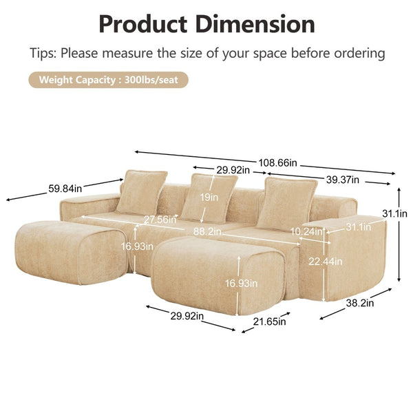 English Elm Streamlined Velvet U-shape Modular Sectional Sofa with Ottomans French Piping Cloud Foam Light Camel W3041S00353