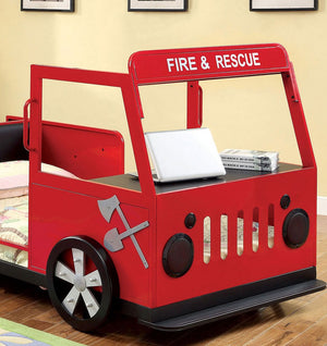 English Elm Modern Fire Truck Bed With Padded Headboard & Hidden Storage Compartment - Red & Black Design B2741S00509