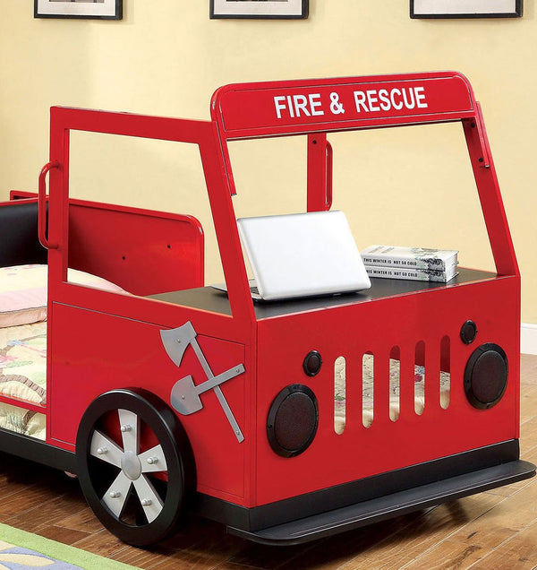English Elm Modern Fire Truck Bed With Padded Headboard & Hidden Storage Compartment - Red & Black Design B2741S00509