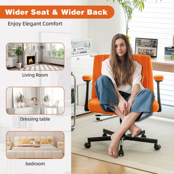 English Elm Orange Velvet Criss Cross Office Chair with Wheels - Ergonomic Swivel, Adjustable Tilt, Plush Pillow Support W3394P336174