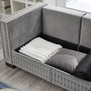 English Elm Modern Velvet Sofa With Square Arms And Silver Nailhead Accents – Perfect For Stylish Living Rooms! W1097S00187