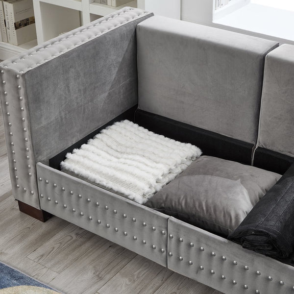 English Elm Modern Velvet Sofa With Square Arms And Silver Nailhead Accents – Perfect For Stylish Living Rooms! W1097S00187