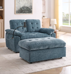 English Elm Leisure Chenille Two Seat Reclining Sofa with Usb Port Storage Ottoman Padded Armrests Blue W487S00516