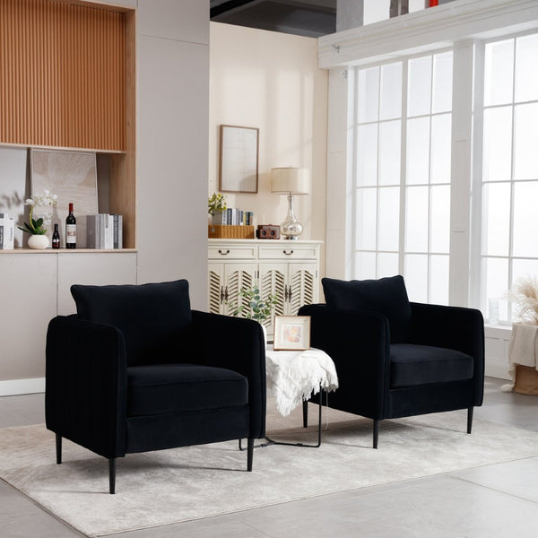 English Elm Accent Velvet Armchair Mid-century Modern Plush Seat with Metal Legs for Any Room Black W3244P325834