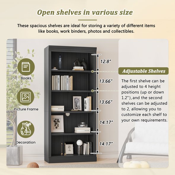 English Elm 83.4" Tall Wood Bookcase with LED Light Strip, 5-Tier Adjustable Shelves, Cable Hole, Modern Black Storage Organizer N751S246934B