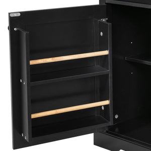 English Elm K&K 54.9" Farmhouse Kitchen Island Cart with Drop Leaf, Charging Station, Barn Doors & Glass Pane Black N707P300277B