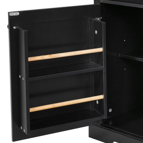 English Elm K&K 54.9" Farmhouse Kitchen Island Cart with Drop Leaf, Charging Station, Barn Doors & Glass Pane Black N707P300277B