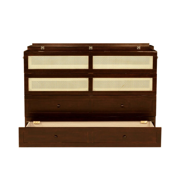 English Elm Queen Size Murphy Bed - Stylish Walnut Pine Cabinet With Rattan Accents & Full-Width Storage Drawer W504S00231-GIGA