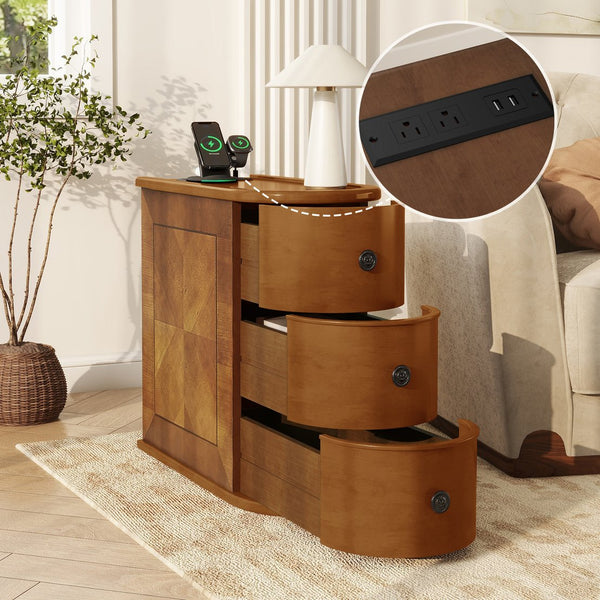 English Elm End Table With Charging Station – Stylish Sofa Side Table With Storage Drawers, Fully Assembled! W2593P289145
