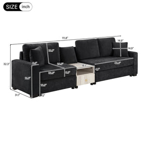 English Elm Modern Chenille Three Seat Sofa with Console Storage Armrest for Living Room Black N763S000060B