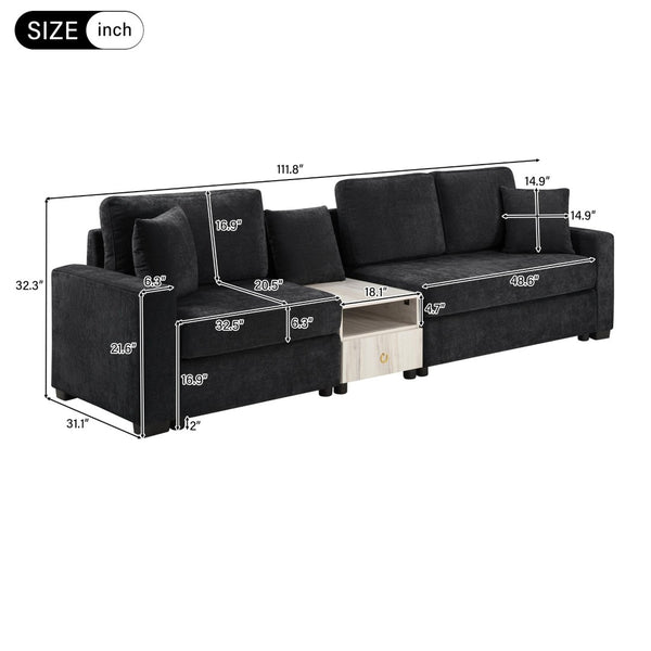 English Elm Modern Chenille Three Seat Sofa with Console Storage Armrest for Living Room Black N763S000060B