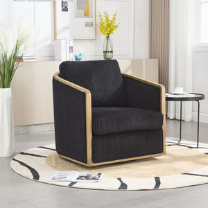 English Elm Corduroy Swivel Barrel Chair with Sturdy Wood Frame & Metal 360° Base, Plush Corduroy Comfort Pop Black W395P220274